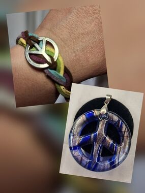 Vintage Blue & Silver Glass Peace Sign Pendant & Suade Peace Bracelet